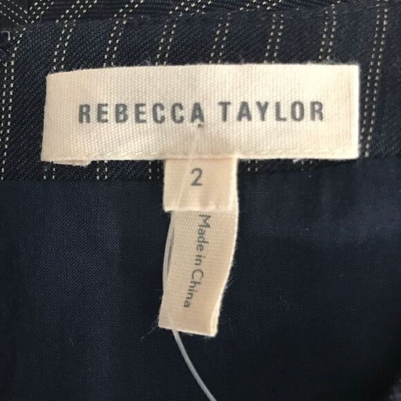 Rebecca Taylor Navy Stripe A Line Linen Blend Dress ruffled shoulder detailing - Picture 8 of 8
